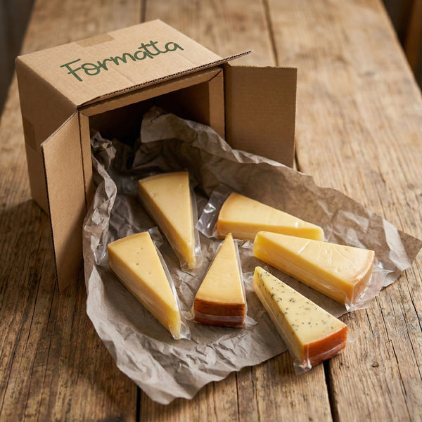 Probierpaket: Hartkäse & Schnittkäse mit sechs vakuumverpackten Stücken in offener Kartonverpackung auf Holztisch