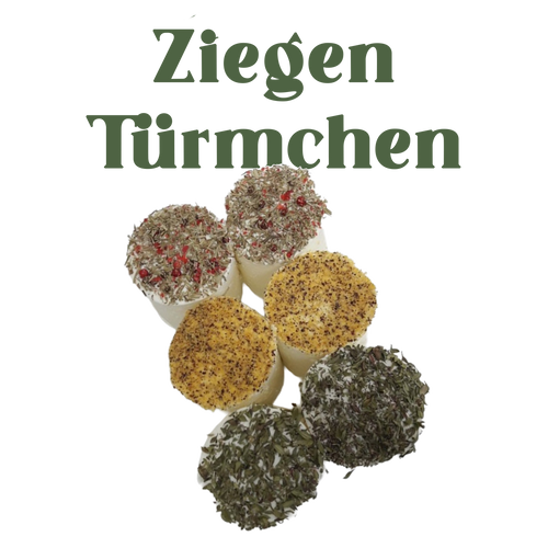 Bunte Ziegentürmchen – Bio-Ziegenfrischkäse (Senf, Pfeffer, Thymian)