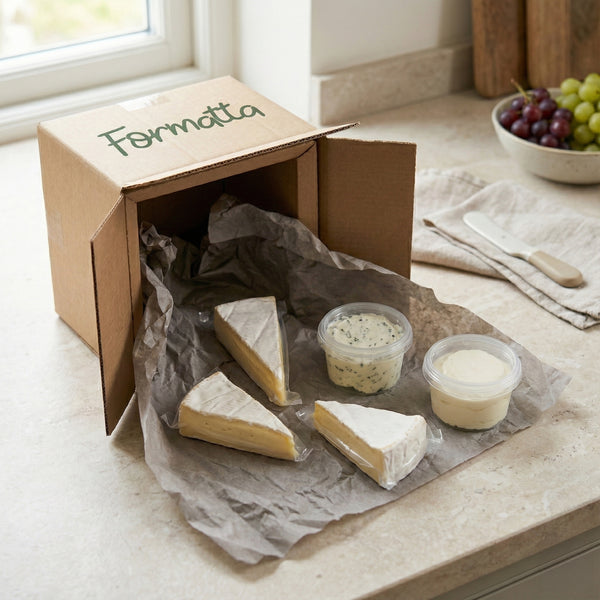 Probierpaket: Cremige Frischkäse & Weichkäse mit drei Käsestücken und zwei Aufstrichen in Kartonverpackung auf Küchenarbeitsplatte