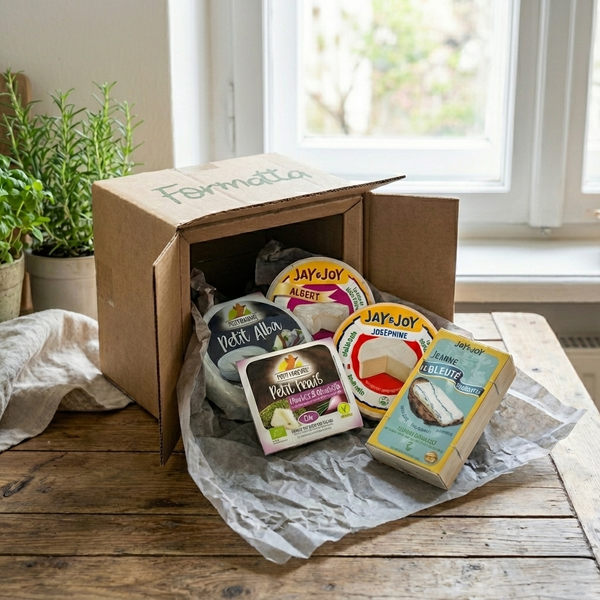 Veganes Probierpaket – Überraschungsauswahl pflanzlicher Käse-Alternativen in Geschenkbox auf Holztisch vor Fenster